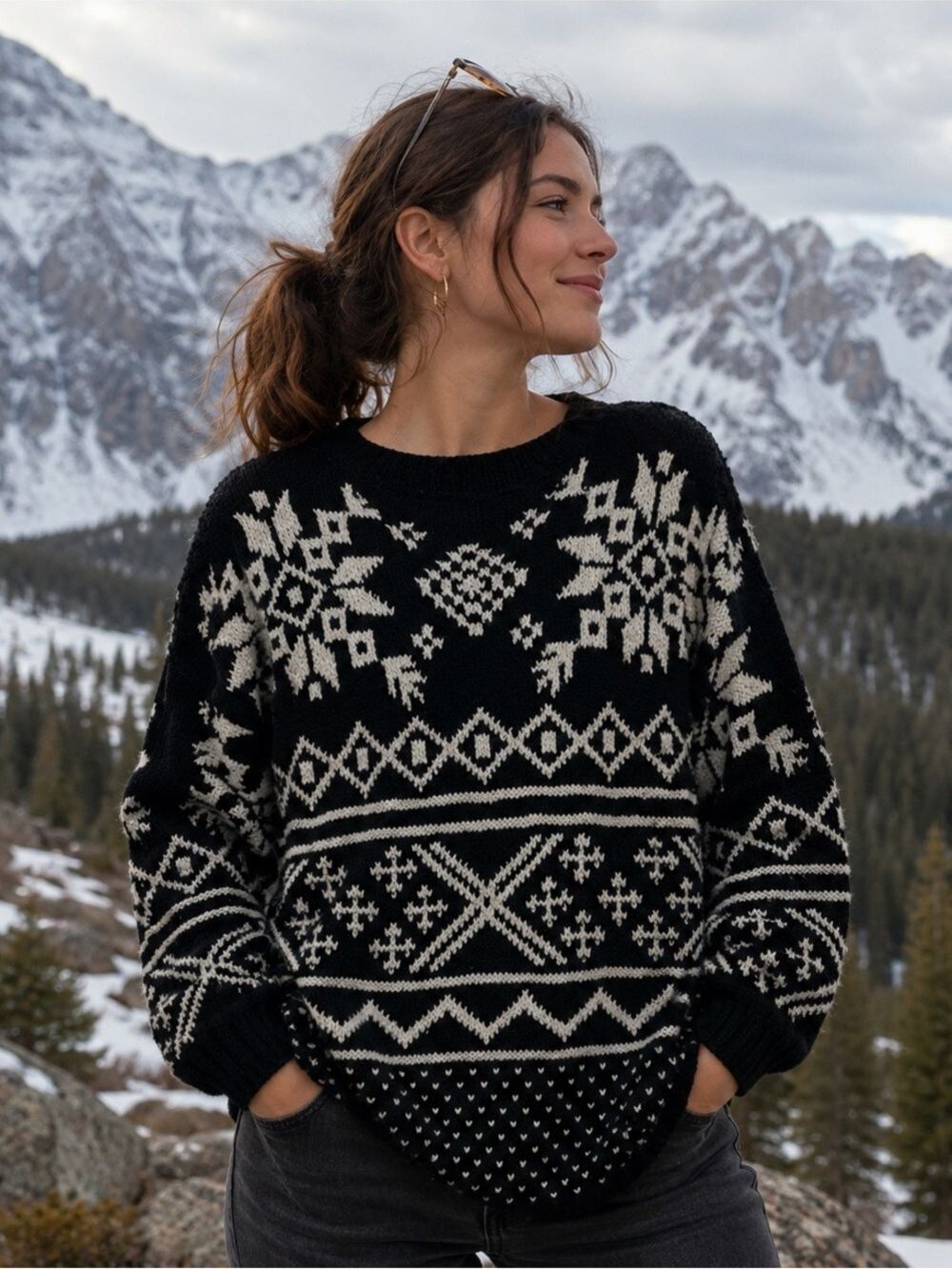 Vintage Black White Snowflake Sweater Fair Isle 90s classic, winter, vacay